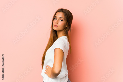 Young caucasian woman doing beauty poses isolated © Asier