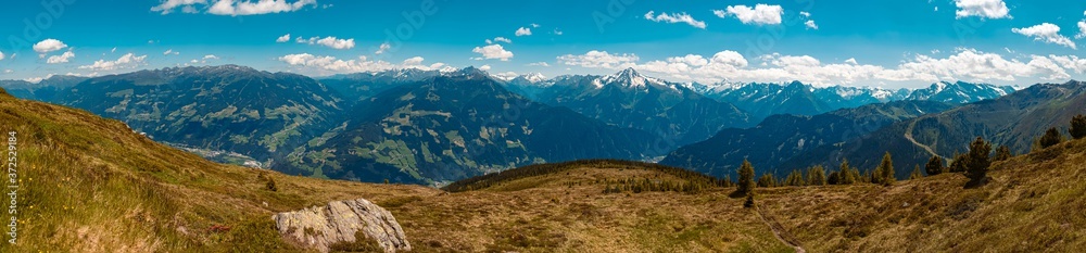High resolution stitched panorama of a beautiful alpine view at the famous Zillertaler Hoehenstrasse, Tyrol, Austria