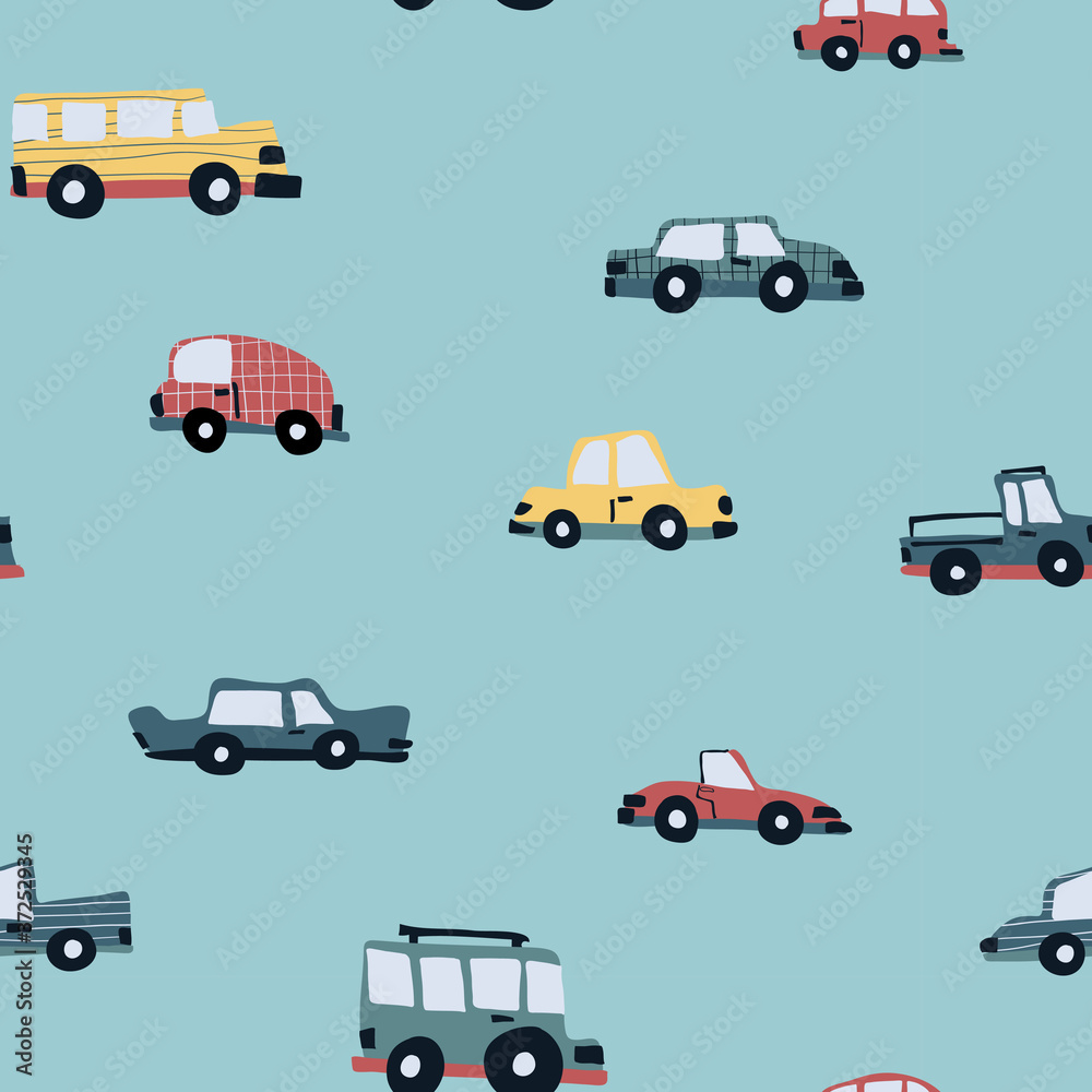 Cars seamless pattern design hand-drawn childish style - fabric, wrapping, textile, wallpaper, apparel design for kids.