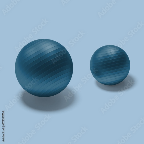Blue Gymnasium Fitballs On Blue Background. 3d Rendering.