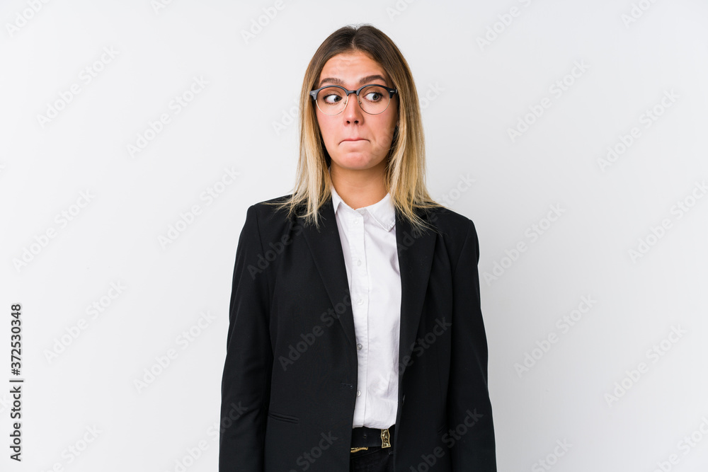 Young business caucasian woman confused, feels doubtful and unsure. Young business caucasian woman confused, feels doubtful and unsure.