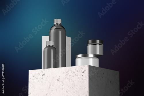 Cosmetic Set and Cardboard Box On Stone Showcase and Blue Background. Blank Template of Bottle and Cream Jar. Minimalism Concept. 3d rendering photo