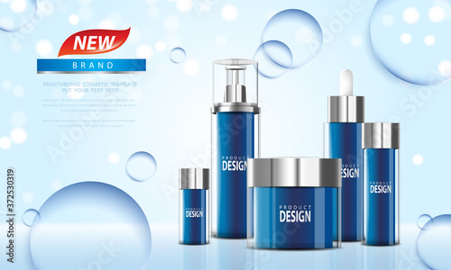 cosmetic product poster, bottle package design with moisturizer cream or liquid, sparkling background with glitter polka.