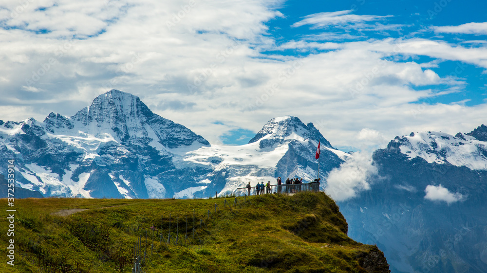 Lauterbrunnen, Switzerland;  A spectacular view of the Swiss Alps mountains as vieweed from the Mannlichen lift terminal