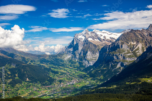 The village of Grindelwald, Switzerland viewed from the Mannlichen lift terminal
