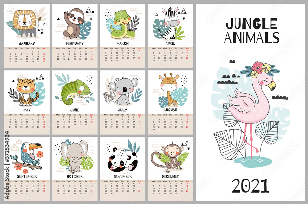 Cute hand drawn calendar for 2021 with jungle animal characters. Lion, zebra, snake, leopard, iguana, koala, giraffe, toucan, elephant, panda, monkey, sloth. Doodle style poster. 