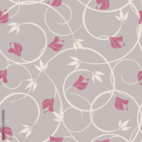 Vector floral seamless pattern. Vintage ornament with curly twigs  leaves  branches  flowers  buds. Simple floral wallpapers. Pink and gray color. Abstract background texture. Elegant repeat design
