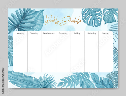 Weekly schedule planner template with blue tropical leaves frame