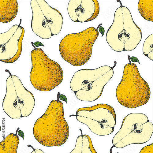 Seamless pattern with pear. Hand drawn pattern background. Colorful pear fruit illustration. Vector illustration.