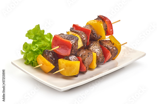 Fotografia Grilled beef meat kebab, barbecue skewers, isolated on white background