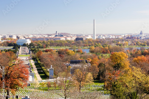 Autumn cityscape overlooking central Washington DC from a vantage point at Arlington National Cemetery, Virginia 