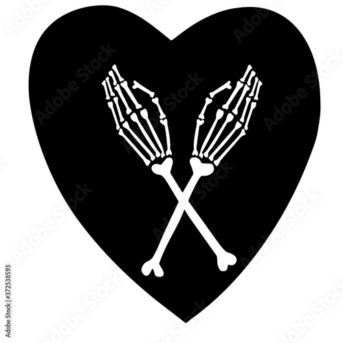 Folded hands cross to cross in the shape of a heart helon skeleton hands. day of the dead. Hand drawn vector illustration. photo