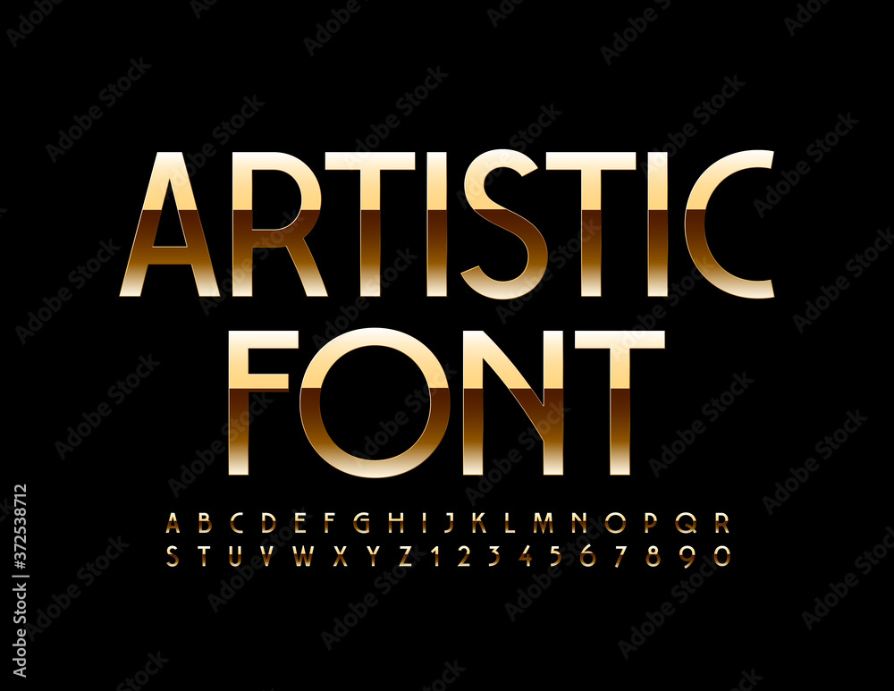 Vector Artistic Font. Elegant Gold Alphabet. Glossy Luxury Letters and Numbers set