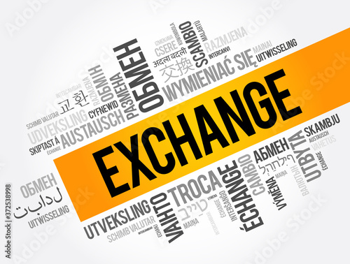Exchange word cloud in different languages, business concept background