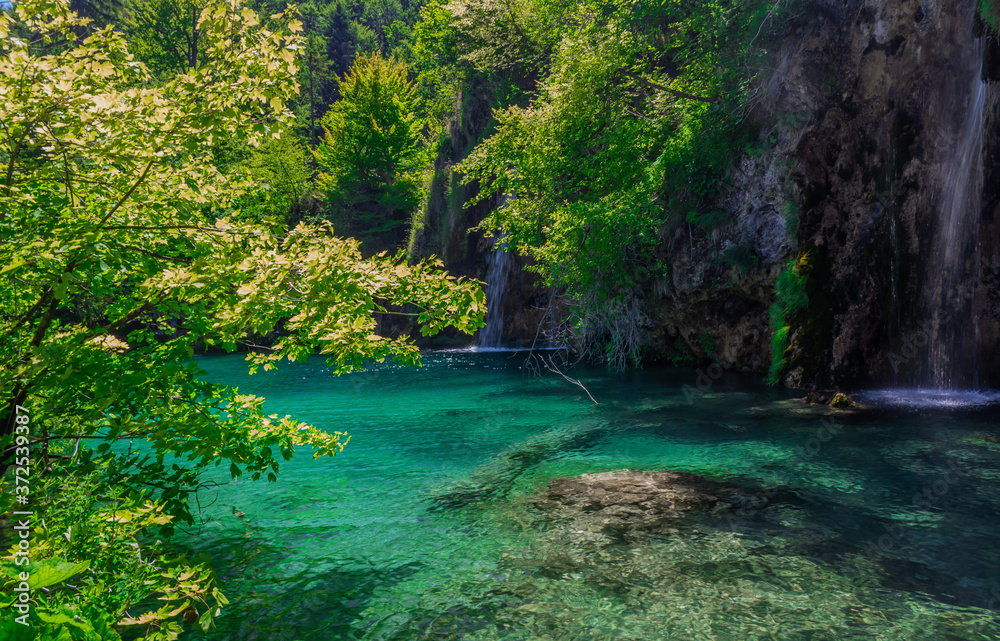 The waterfalls and lakes at the Plitvice lakes. Croatia. Azure clean waters. National park.