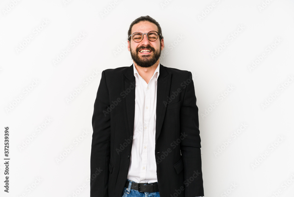 Young caucasian business man isolated on a white background laughs and closes eyes, feels relaxed and happy. Young caucasian business man isolated on a white background laughs and closes eyes, feels relaxed and happy.