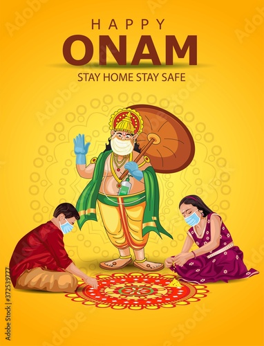 happy onam greetings vector illustration. illustration of children's making pookalam with mahabali. corona virus covid -19 concept photo