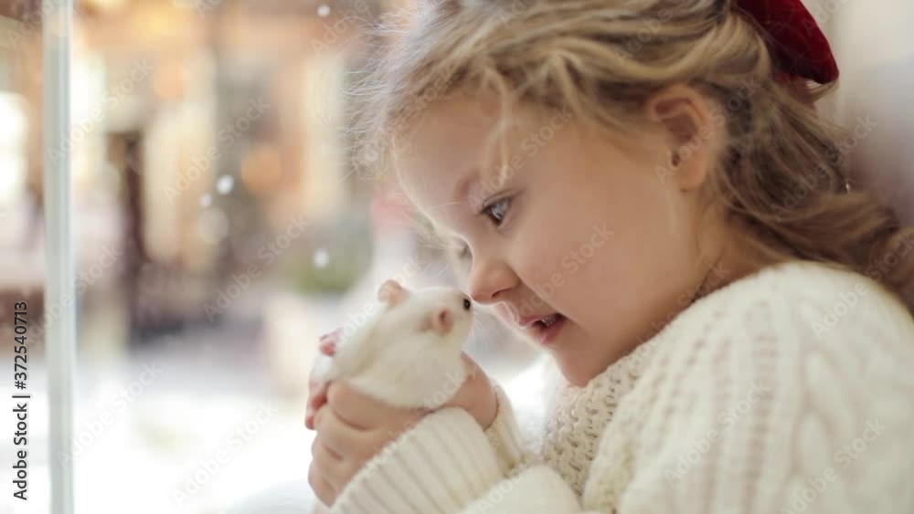 A cute little blonde girl with blue eyes and a red Christmas bow in a white sweater is holding a white rat and looks into his eyes. It's snowing outside. Slow motion. High quality HD footage A cute little blonde girl with blue eyes and a red Christmas bow in a white sweater is holding a white rat and looks into his eyes. It's snowing outside. Slow motion. High quality HD footage