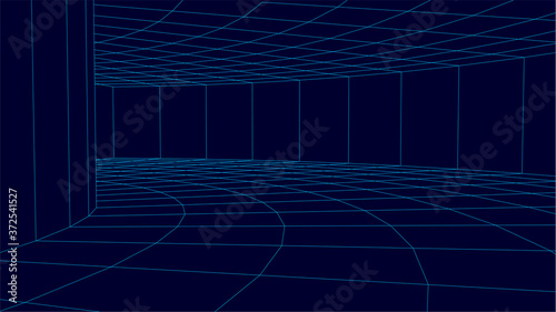 Blue wireframe vector tunnel. 3d wormhole dark illustration.
