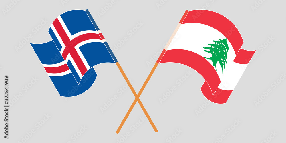 Crossed and waving flags of Lebanon and Iceland