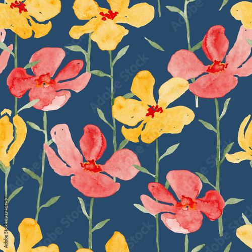 Yellow and red flowers watercolor painting - hand drawn seamless pattern on navy blue © justesfir