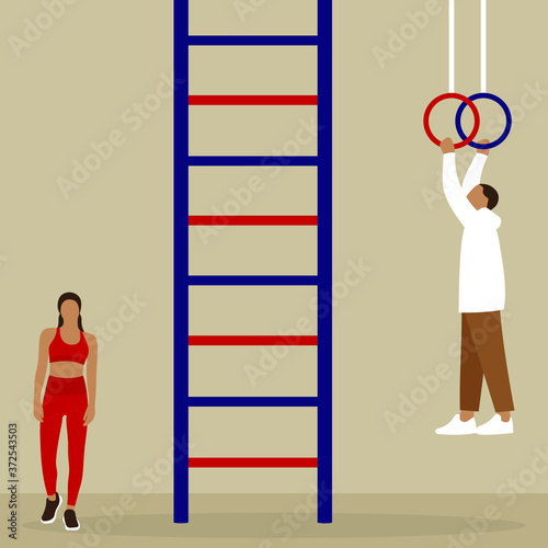 Male and female characters in the gym