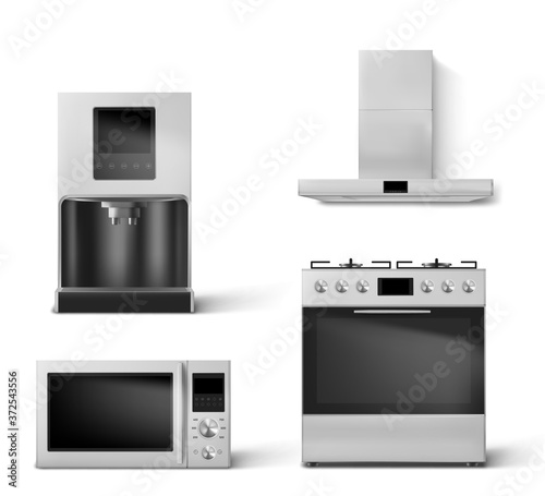 Kitchen appliances gas oven, hood, microwave and coffee machine. Smart household technics with wifi, digital display front view, home tech equipment isolated white background realistic 3d vector set
