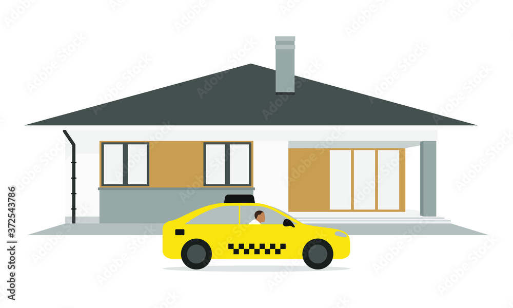 Obraz premium House and taxi with a male character on a white background