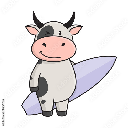 Cute spotted bull or cow holding a surfboard, surfing. Ox is a symbol of the New year 2021 according to the Eastern calendar. Vector stock flat illustration isolated on a white background.