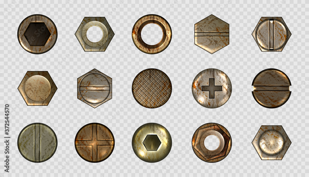 Old screw and nail heads, steel metal bolts, rusty rivets hardware. Round and hexagon copper or brass caps top view isolated on transparent background. Realistic 3d vector illustration, icons set