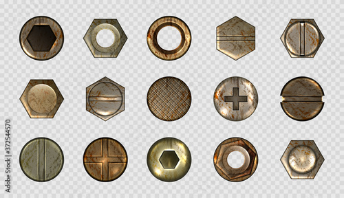 Old screw and nail heads, steel metal bolts, rusty rivets hardware. Round and hexagon copper or brass caps top view isolated on transparent background. Realistic 3d vector illustration, icons set