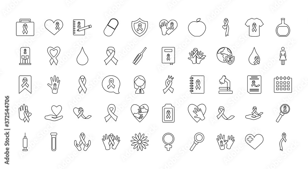 breast cancer icon set, line style