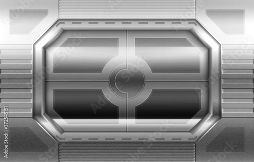Metal door, sliding gates in spaceship hallway interior. Closed shuttle or secret laboratory entrance, futuristic bunker, ski-fi steel stainless gateway on wall. Realistic 3d vector illustration