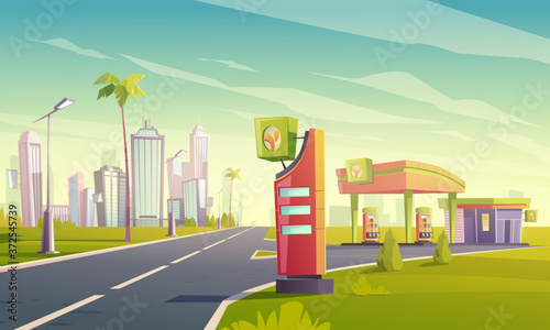 Gas station with oil pump, market and prices display on road to tropical town. Vector cartoon cityscape with empty fuel filling station for cars, palm trees and buildings on background