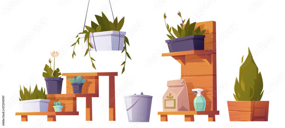 Green plants in pots on wooden stand for greenhouse. Vector cartoon set ...