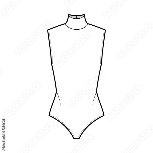 Cotton-jersey turtleneck bodysuit technical fashion illustration with fitted knit body, sleeveless. Flat outwear shirt apparel template front, white color. Women men unisex top CAD mockup. 