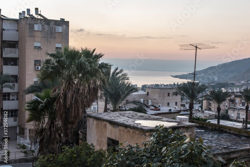 View of the city of Tiberias on the Sea of Galilee, part on the hill, Israel