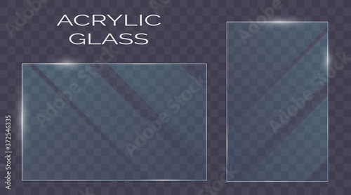 Vector plastic and acrylic glass mockup with glow light reflection on the edge of frame. Window, screen or plate  with shiny glare effect on a transparent dark blue background.