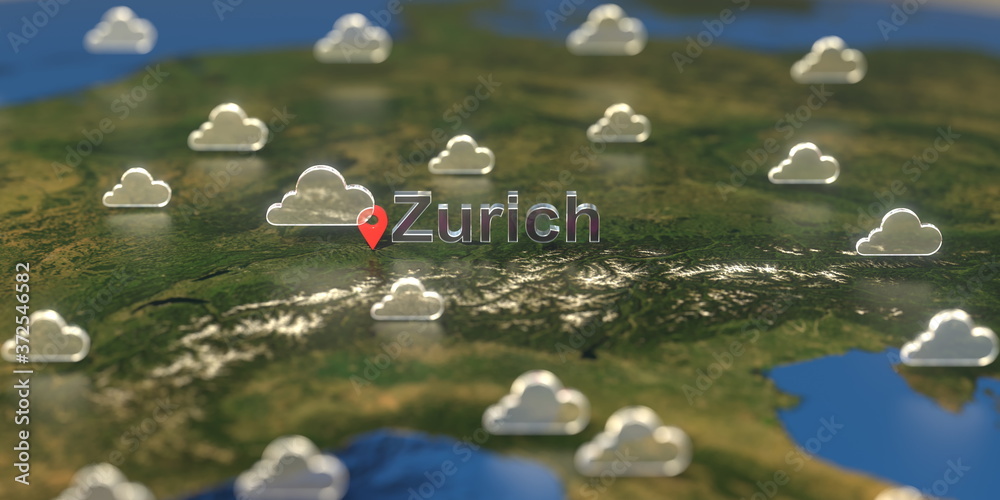 Zurich city and cloudy weather icon on the map, weather forecast related 3D rendering Zurich city and cloudy weather icon on the map, weather forecast related 3D rendering