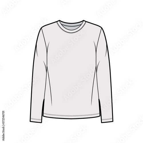 Cotton-jersey shirt technical fashion illustration with relaxed fit, crew neckline, long sleeves. Flat outwear basic apparel template front, grey color. Women, men, unisex top CAD mockup.  © Vectoressa