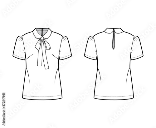 Pussy-bow blouse technical fashion illustration with Peter Pan collar, short sleeves, back button-fastening keyhole. Flat apparel top template front back white color. Women men unisex shirt CAD mockup