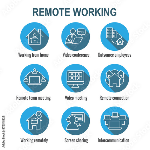 Remote work icon set with work from home, video meetings, etc