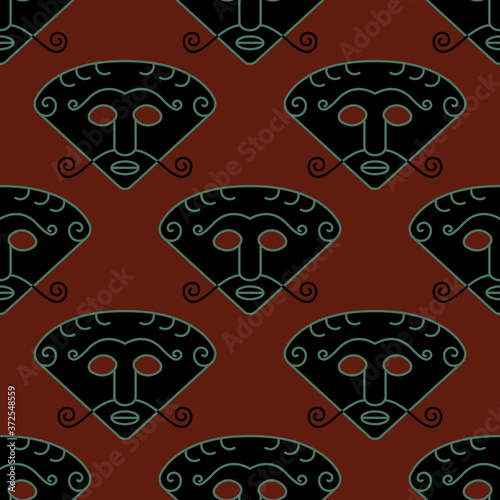 Seamless geometrical pattern with funny faces of god Loki. Symbol of Norse mythology. Folk style.