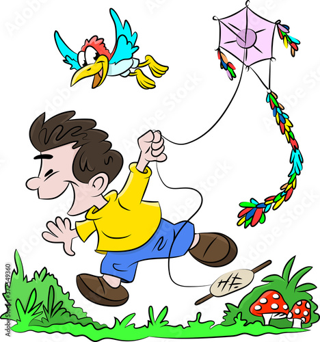 Cartoon boy running happily and flying a kite vector illustration