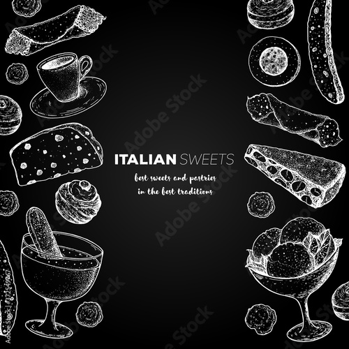 Italian breakfast. Italian dessert vector illustration. Hand drawn sketch. Vintage design template. Cannoli, zabaglione, biscotti, gelato, panforte, bombolone, zeppole, panettone sketch.