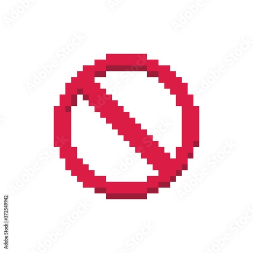 Pixel art 8-bit red stop sign crossed circle warning - isolated vector illustration