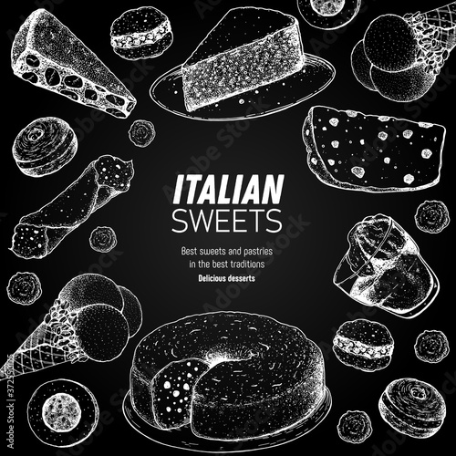 Italian dessert vector illustration. Italian sweet hand drawn sketch. Baking collection. Vintage design template. Panforte, cannoli, bombolone, ciambellone, affogato, torta caprese, panettone sketch.