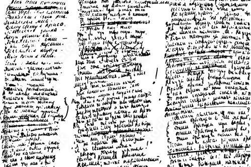 Grunge texture of handwritten illegible text of poems with ink. Correction in the text, strikethrough, illegible, unreadable text. Vector illustration. Overlay template.