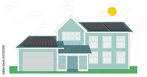 House with solar panels on the roof. Energy Saving Technologies. Green energy. Smart home, modern architecture. Vector illustration isolated on white background.