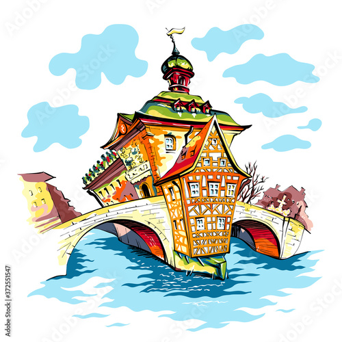 Vector travel sketch of Old town hall, Altes Rathaus, in Bamberg, Bavaria, southern Germany